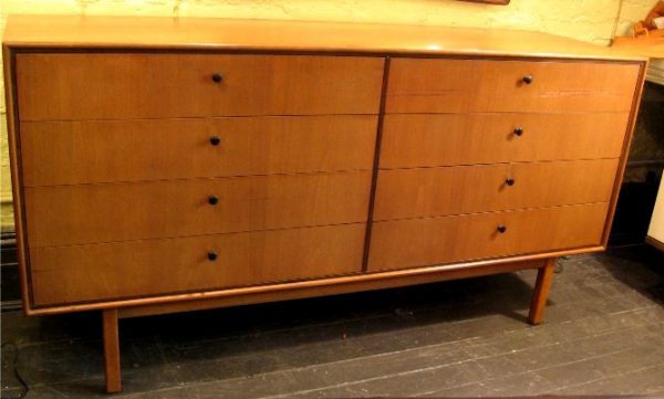 8 Drawer Long Walnut and Mahogany Dresser and Mirror