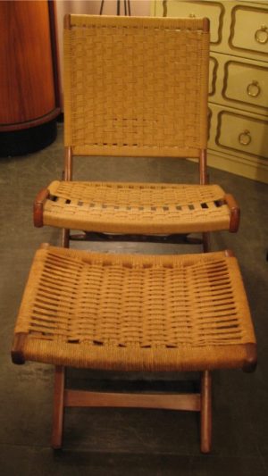 Hans Wegner Style Folding Rope Chair and Ottoman