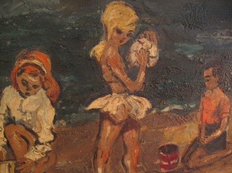 Framed 1960s Oil Modernist Painting Children On Beach