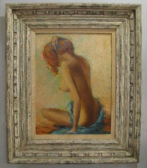 Framed 1960s Nude Oil Painting of a Draped Redhead