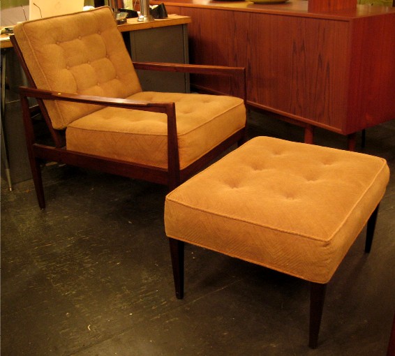 Cane Back Upholstered Walnut Club Chair & Ottoman