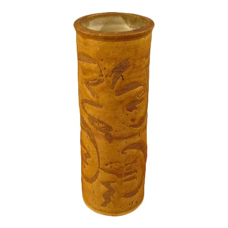 Stoneware Cylinder Studio Vase W/ Asian Decor
