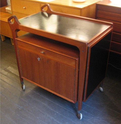 Drop Leaf Teak Bar Cart with Drawer and Cabinet