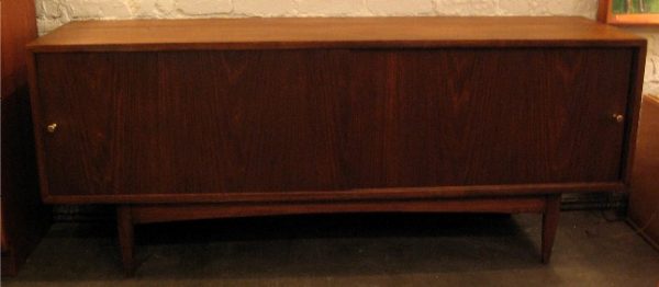Long Low Walnut Credenza with Sliding Doors