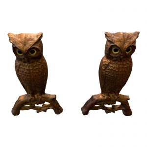 Set of Glass Eyed Owl Andirons by Howes circa 1900
