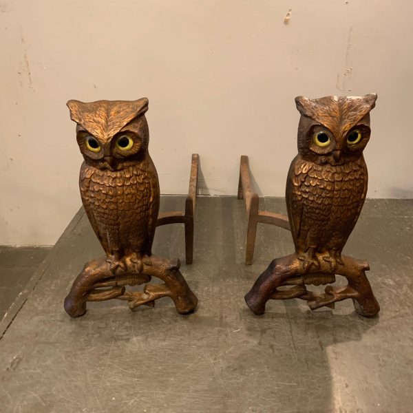 Set of 1900 Glass Eyed Owl Andirons by Howes