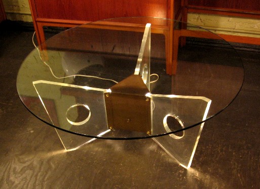 Brass, Lucite and Glass Lighted Coffee Table