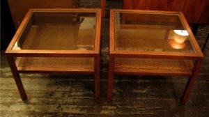 Walnut, Glass and Cane Side Tables