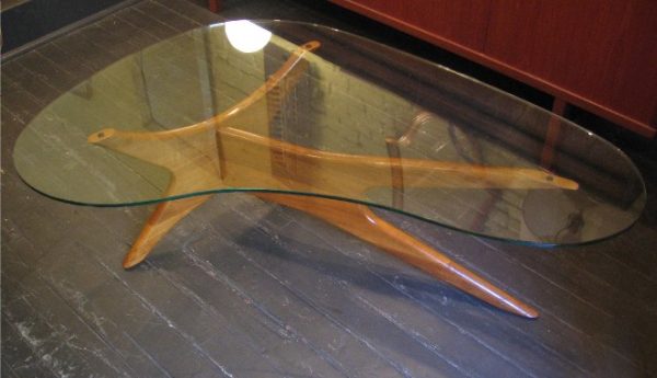 Kidney Shaped Glass and Carved Wood Coffee Table