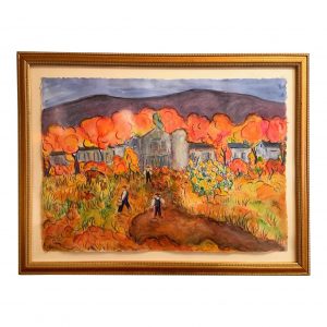 1990s Expressionist Style Figurative Landscape Watercolor Painting by Francesca d'Elia, Framed