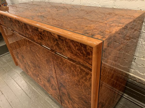 Two Drawer, Four Door Lacquered Burl Wood Cabinet