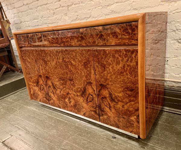 Two Drawer, Four Door Lacquered Burl Wood Cabinet