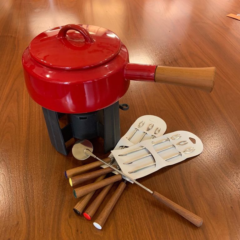 Dansk Enameled Fondue Pot, with Cast Iron Base and Skewers MidCentury Modern Furnishings