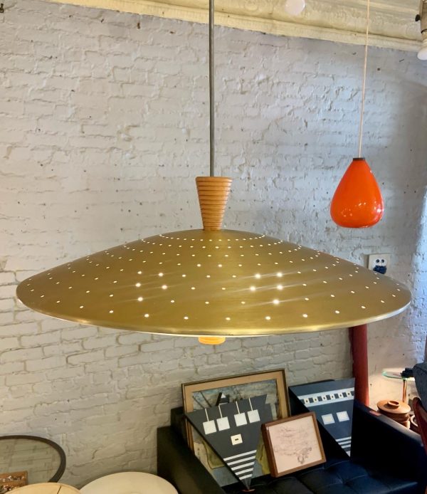 Perforated Brass & Glass Saucer Pendant Lamp from the 1950s