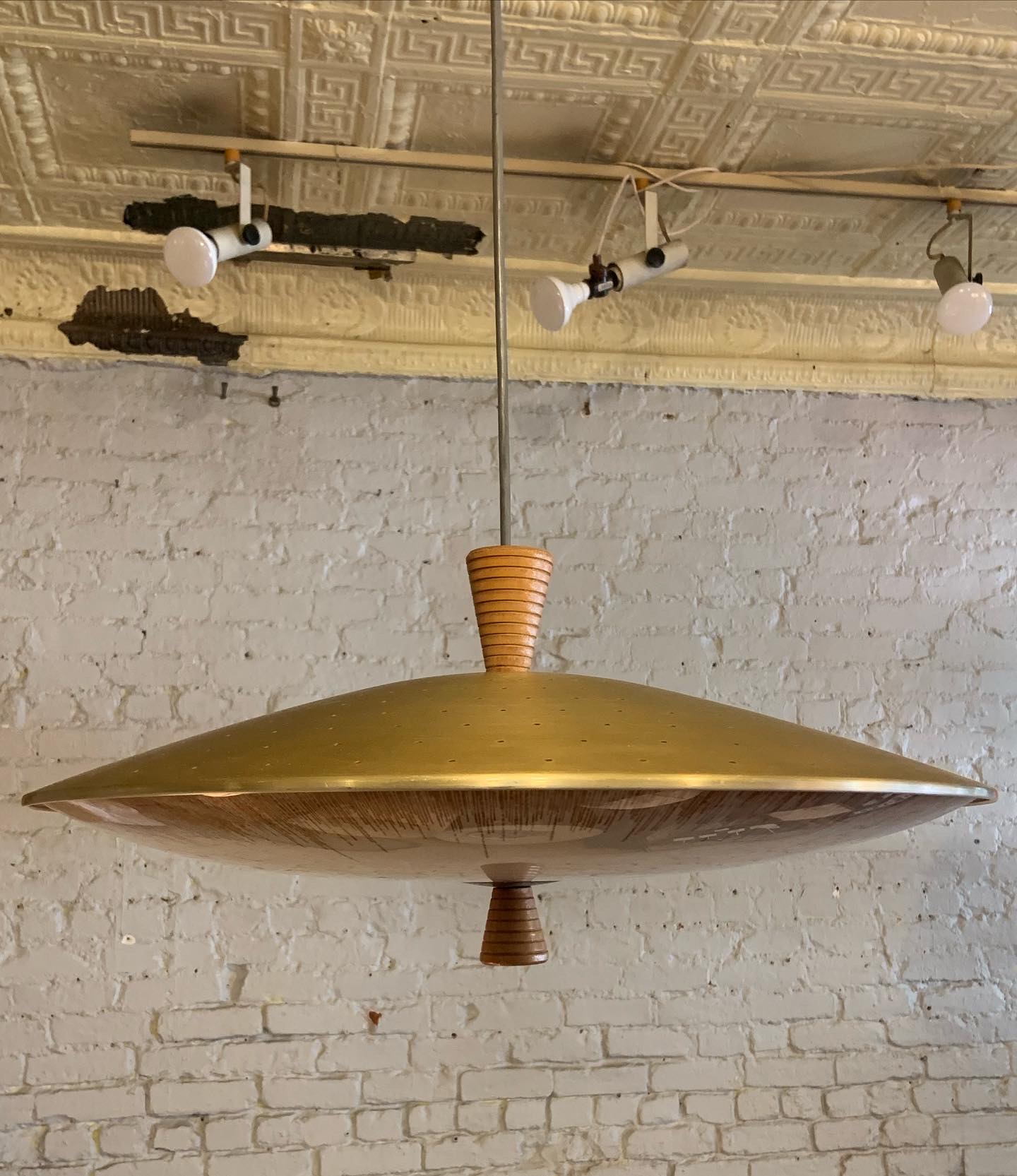 Perforated Brass & Glass Saucer Pendant Lamp from the 1950s – Mid