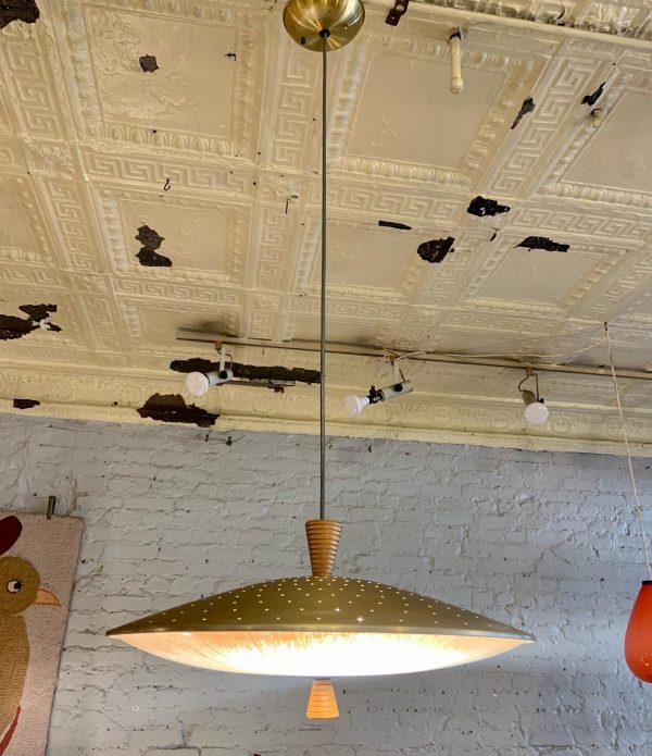 Perforated Brass & Glass Saucer Pendant Lamp from the 1950s