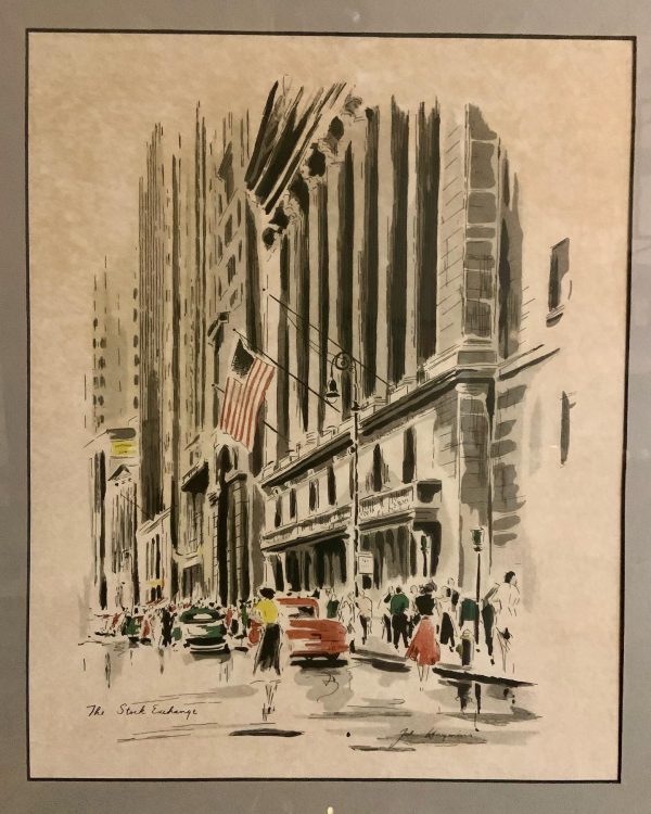 Mid-Century Cityscape Lithograph - The New York Stock Exchange by John Haymson