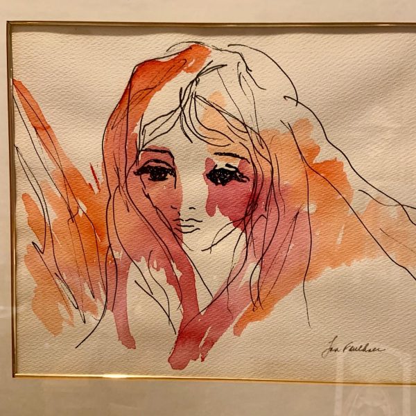 1970s Watercolored Line Drawing in Gilt Frame
