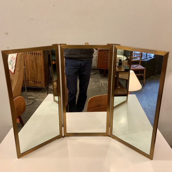 Tri Folding Wall Mirror with Brass Trim and Walnut Back