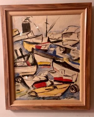 Framed Painting of Boats on Rough Seas