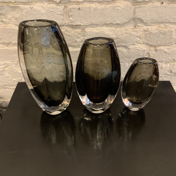 Set of 3 Nils Landberg Sommerso Style Smoked Charcoal Cased Vases for Orrefors