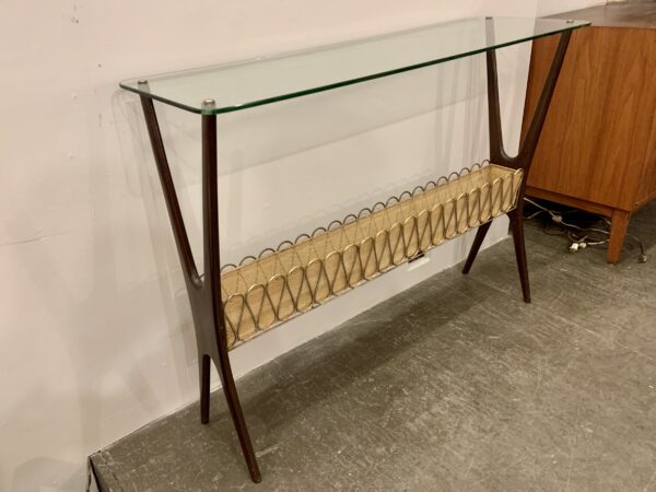 X Form Walnut, Brass, Glass & Perforated Steel Console from Italy