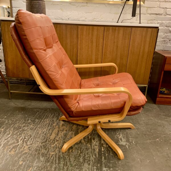 Quilted Leather & Bent Wood Swivel Lounge Chair