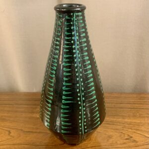 Tapered Black Vase w/ Green Textural Decor from Hungary