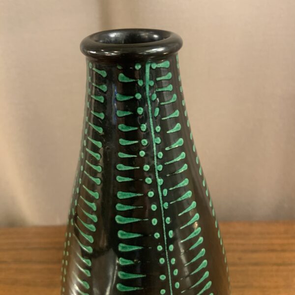 Tapered Black Vase w/ Green Textural Decor from Hungary