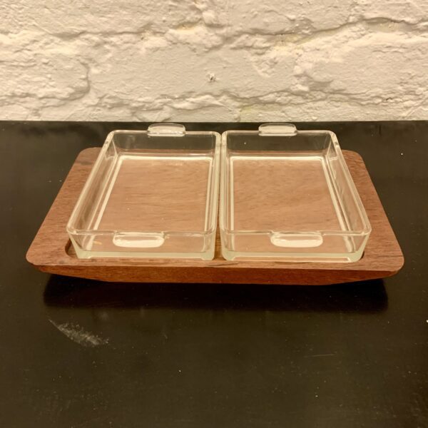 Solid Teak Tray with Inset Glass Dishes