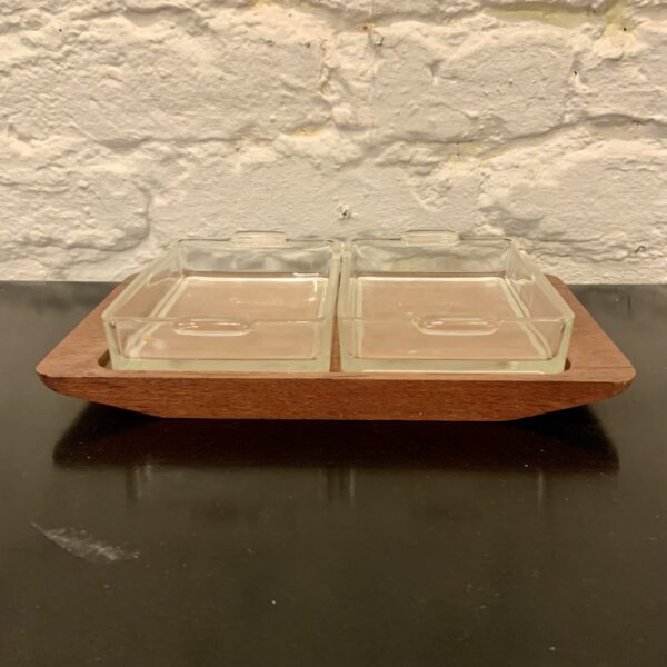 Solid Teak Tray with Inset Glass Dishes