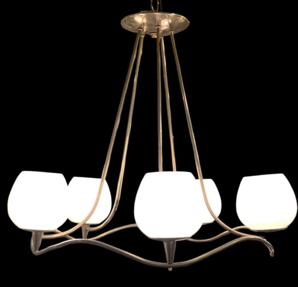 Curved Brass Chandelier w Five Glass Diffusers by Lightolier