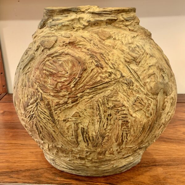 Large Eleanor Heller Disc Shaped Vase with Deep Sgraffito Decor