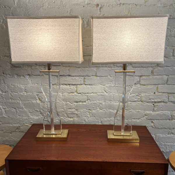 Pair of Lucite & Brass Hourglass Shaped Lamps