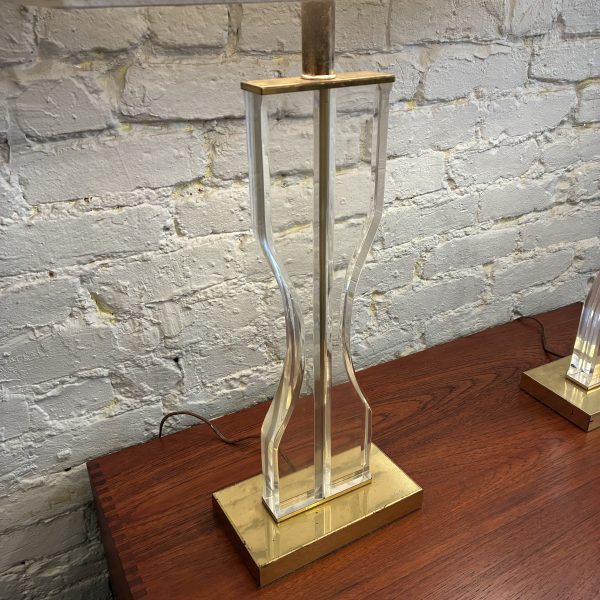Pair of Lucite & Brass Hourglass Shaped Lamps