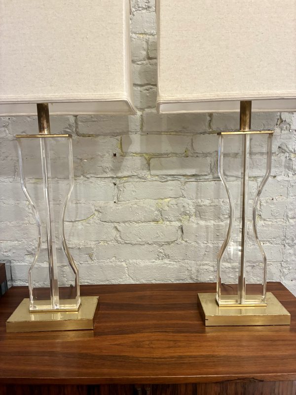 Pair of Lucite & Brass Hourglass Shaped Lamps