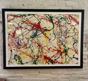Large, Framed Oil on Paper Drip Painting in the style of Jackson Pollack