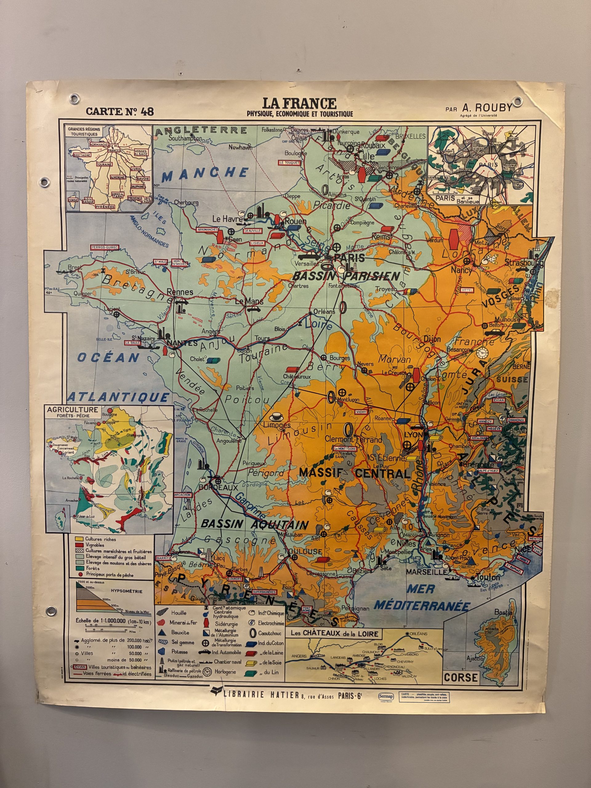 Two Sided Teaching Map of Paris Metro & France from 1970
